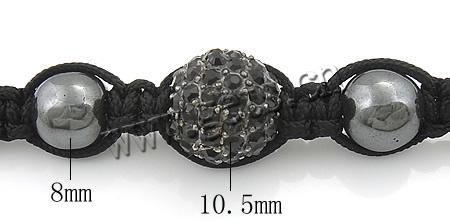 Bracelets hématite de Woven Ball, Ciré de coton, avec Hématite & alliage de zinc, Placage de couleur noire de plumbum, réglable & avec strass, noire, 10.5mm, 8mm, 6mm, Longueur:Environ 6-13 pouce, Vendu par brin