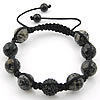 Black Agate Woven Ball Bracelets, with Wax Cord & Rhinestone Clay Pave Bead, with 50 pcs rhinestone, 12mm, 8mm .5-12 Inch 