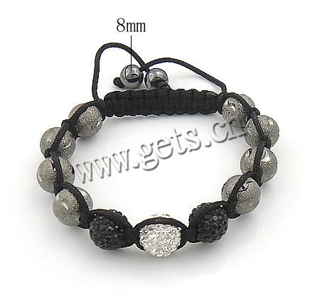 Hematite Woven Ball Bracelets, Waxed Cotton Cord, with Rhinestone Clay Pave Bead & Hematite & Brass, platinum color plated, flower cut & adjustable & stardust, more colors for choice, 10mm, 8mm, Length:6-10.5 Inch, Sold By Strand