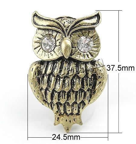 Rhinestone Zinc Alloy Finger Ring, with Iron, Owl, plated, with rhinestone, more colors for choice, 24.5x37.5mm, Hole:Approx 17mm, US Ring Size:6.5, Sold By PC