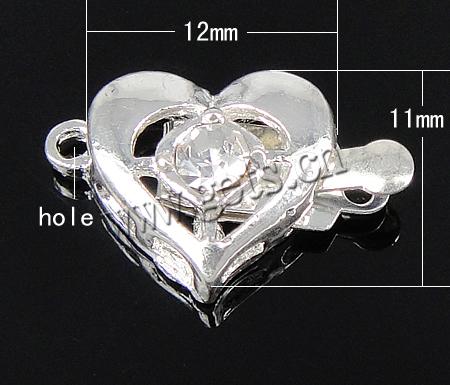 Zinc Alloy Box Clasp, Heart, plated, with rhinestone & single-strand, more colors for choice, nickel, lead & cadmium free, 12x11x6mm, Hole:Approx 1.5mm, Sold By PC