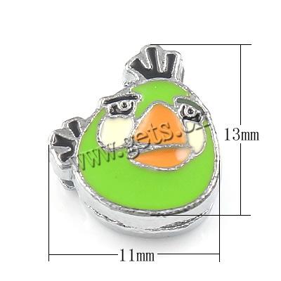 Zinc Alloy Slide Charm, with enamel, Angry Bird, plated, more colors for choice, 11x13x4mm, Hole:Approx 2x8mm, Sold By PC