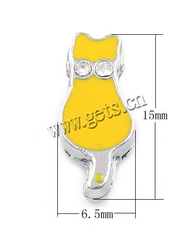 Zinc Alloy Slide Charm, with Rhinestone, Cat, plated, enamel & with rhinestone, more colors for choice, 6.5x15x4.5mm, Hole:Approx 2x8mm, Sold By PC