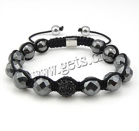 Hematite Woven Ball Bracelets, Waxed Cotton Cord, with Rhinestone Clay Pave Bead & Magnetic Hematite & Crystal & Zinc Alloy, platinum color plated, with 98 pcs rhinestone & adjustable & faceted, black, 12mm, Length:Approx 7-11 Inch, Sold By Strand