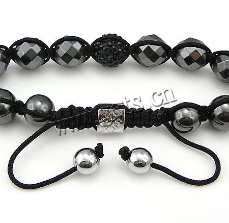 Hematite Woven Ball Bracelets, Waxed Cotton Cord, with Rhinestone Clay Pave Bead & Magnetic Hematite & Crystal & Zinc Alloy, platinum color plated, with 98 pcs rhinestone & adjustable & faceted, black, 12mm, Length:Approx 7-11 Inch, Sold By Strand