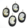 Agate Brass Pendants, with Black Agate & White Shell, Flat Oval, platinum color plated, carved, 33-34x48-51x7-8.5mm Approx 