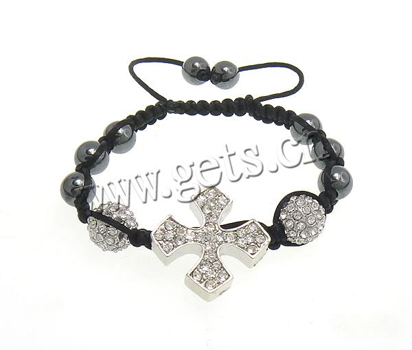 Zinc Alloy Woven Ball Bracelets, with Wax Cord & Hematite, Cross, handmade, with A grade rhinestone, more colors for choice, 25x25x5mm, 10mm, 8mm, Length:Approx 5-10 Inch, Sold By Strand