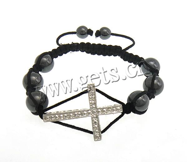 Hematite Woven Ball Bracelets, with Waxed Cotton Cord & Zinc Alloy, Cross, plated, handmade & adjustable & with rhinestone, more colors for choice, 34x25x3.5mm, 8mm, 10mm, Length:Approx 6-9 Inch, Sold By Strand