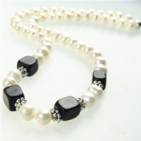 Freshwater Pearl Necklace, with Black Agate & Zinc Alloy, brass box clasp, single-strand, white, 7-14mm .5 Inch 
