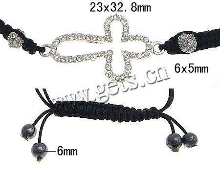 Zinc Alloy Woven Ball Bracelets, with Wax Cord & Hematite, Cross, handmade, Customized & with A grade rhinestone, more colors for choice, 23x32.8mm, 6x5mm, 6mm, Length:Approx 6-10 Inch, Sold By Strand