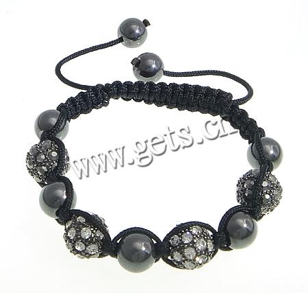 Hematite Woven Ball Bracelets, Waxed Cotton Cord, with Hematite & Zinc Alloy, plumbum black color plated, adjustable & with A grade rhinestone, more colors for choice, 12mm, 10mm, Length:Approx 7-11 Inch, Sold By Strand