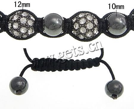 Hematite Woven Ball Bracelets, Waxed Cotton Cord, with Hematite & Zinc Alloy, plumbum black color plated, adjustable & with A grade rhinestone, more colors for choice, 12mm, 10mm, Length:Approx 7-11 Inch, Sold By Strand