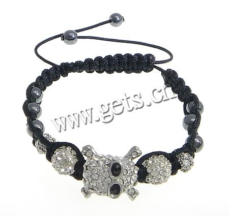 Zinc Alloy Woven Ball Bracelets, with Wax Cord & Hematite, Skull Cross, handmade, Customized & with A grade rhinestone, more colors for choice, 16.2x17.8mm, 8x9mm, 6x4.5mm, 6mm, Length:Approx 3.5-11 Inch, Sold By Strand