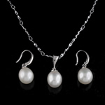 Ensembles de bijoux de perle d'eau douce en argent sterling, argent sterling 925, boucle d'oreille & collier, avec perle, blanc, 9-10mm pouce, Vendu par fixé