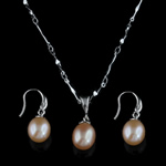 Ensembles de bijoux de perle d'eau douce en argent sterling, argent sterling 925, boucle d'oreille & collier, avec perle, rose, 9-10mm pouce, Vendu par fixé