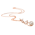 Freshwater Pearl Necklace, with brass chain, Twist, rose gold color plated, with rhinestone & single-strand, pink 13mm Inch 
