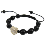 Gemstone Woven Ball Bracelets, Black Stone, with Wax Cord & Zinc Alloy, with rhinestone, cadmium free Inch 