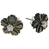 Black Shell Earring, 925 Sterling Silver, with Black Shell, Flower, with cubic zirconia 