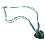 Lampwork Jewelry Necklace, with Waxed Cotton Cord & Glass Seed Beads, iron lobster clasp, Heart, handmade, inner flower Inch 