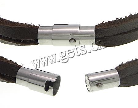 Men Bracelet, Cowhide, with 316 Stainless Steel, different length for choice, brown, 24.5x14x5.5mm, 4.5mm, Sold By Strand
