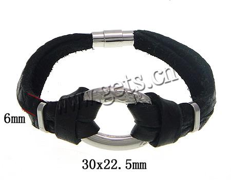Men Bracelet, Cowhide, with 316 Stainless Steel, different length for choice, black, cadmium free, 30x22.5x4mm, 6mm, Sold By Strand