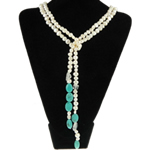 Natural Freshwater Pearl Long Necklace, with turquoise & Crystal, wrap necklace, 8-9mm Inch 