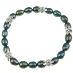 Pulseras de la perla, Perlas cultivadas de agua dulce, Arroz, con diamantes de imitación, verde oscuro, 7-8mm 6X9mm, longitud:7.5 Inch, Vendido por Sarta
