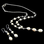Conjuntos de joyería perlas de agua dulce natural, Perlas cultivadas de agua dulce, pendiente & collar, con cadena de hierro, Blanco, 7-8mm,10-11mm, longitud:15.7 Inch, Vendido por Set