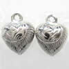 Brass Heart Pendants, silver color plated, hollow 