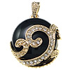 Agate Brass Pendants, with Black Agate, Round, with rhinestone Approx 