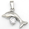 Cubic Zirconia Stainless Steel Pendant, 316 Stainless Steel, Dolphin, Grade AAA Approx 