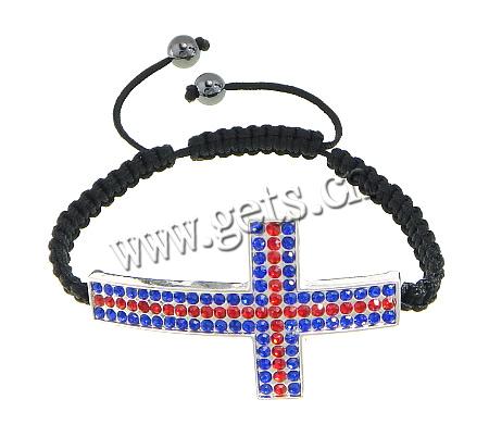 Bracelets de Woven Ball En alliage de zinc, avec Cordon de cire & Hématite, croix, fait à la main, avec strass, plus de couleurs à choisir, 58x34x4.5mm,8mm, Longueur:Environ 7-14 pouce, Vendu par brin