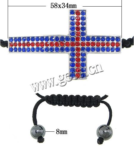 Bracelets de Woven Ball En alliage de zinc, avec Cordon de cire & Hématite, croix, fait à la main, avec strass, plus de couleurs à choisir, 58x34x4.5mm,8mm, Longueur:Environ 7-14 pouce, Vendu par brin