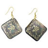Black Shell Earring, Brass, with Black Shell, Rhombus, gold color plated, with flower pattern & gold accent 62mm Approx 2.4 Inch 