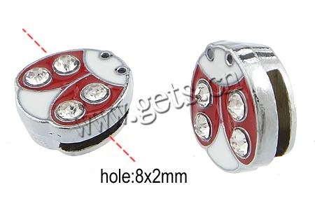 Zinc Alloy Slide Charm, with Rhinestone & enamel, Ladybug, plated, with rhinestone, more colors for choice, 11.5x12x5mm, Hole:Approx 2x8mm, Sold By PC