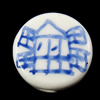 Perla de porcelana azul y blanca, Redondo aplanado, dibujo de la mano, Blanco, 15x8mm, agujero:aproximado 3mm, Vendido por UD