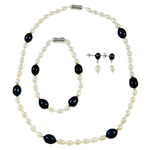 自然な淡水真珠のジュエリー セット, 天然有核フレッシュウォーターパール, ブレスレット & イヤリング & ネックレス, 二色, 7-8mm, 長さ:16.5 インチ, 7.5 インチ, 売り手 セット