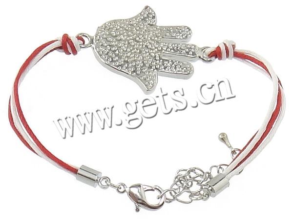 Hamsa Bracelets, Zinc Alloy, with Wax Cord, brass lobster clasp, Hand, plated, enamel & with rhinestone, more colors for choice, 26x36mm, 4mm, Length:Approx 6 Inch, Sold By Strand