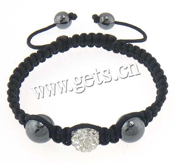 Hematite Woven Ball Bracelets, Waxed Cotton Cord, with Rhinestone Clay Pave Bead & Hematite, with 50 pcs rhinestone & adjustable, more colors for choice, 10mm, 8mm, Length:Approx 10 Inch, Sold By Strand