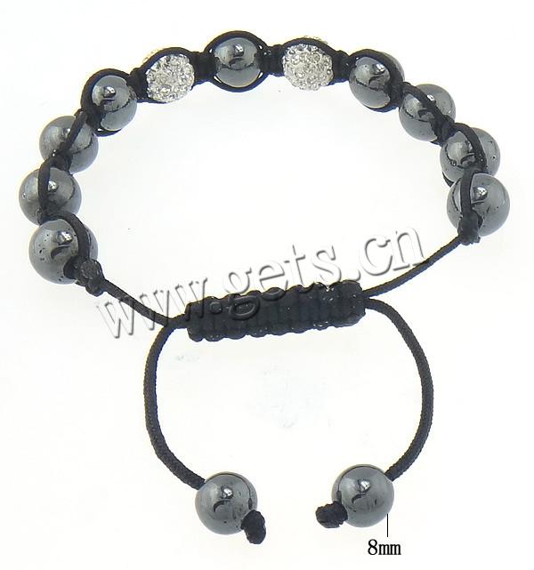 Hematite Woven Ball Bracelets, Waxed Cotton Cord, with Rhinestone Clay Pave Bead & Hematite, with 55 pcs rhinestone & adjustable, more colors for choice, 10mm, 8mm, Length:Approx 12 Inch, Sold By Strand