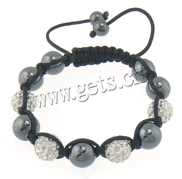 Hematite Woven Ball Bracelets, Waxed Cotton Cord, with Rhinestone Clay Pave Bead & Hematite, with 55 pcs rhinestone & adjustable, more colors for choice, 10mm, 8mm, Length:Approx 11 Inch, Sold By Strand