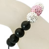 Black Agate Woven Ball Bracelets, with Rhinestone Clay Pave Bead, adjustable, 12mm, 10mm, 8-10mm Approx 6.5 Inch 