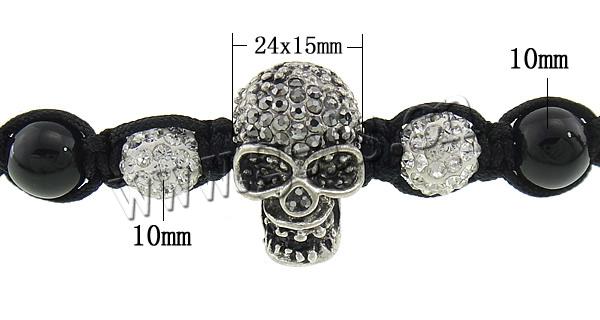 Zinc Alloy Woven Ball Bracelets, with Rhinestone Clay Pave Bead & Nylon Cord & Crystal, Skull, with rhinestone, more colors for choice, 24x15x8mm, 10mm, Length:Approx 7-10 Inch, Sold By Strand