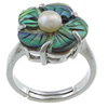 Shell Finger Ring, Brass, with pearl & Abalone Shell, Flower, platinum color plated, adjustable, 13.5mm, 16.5mm, US Ring 