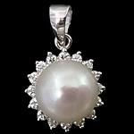 Cultured Pearl Sterling Silver Pendants, 925 Sterling Silver, with Freshwater Pearl, Flower, platinum plated, with cubic zirconia Approx 