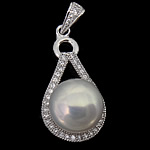 Cultured Pearl Sterling Silver Pendants, 925 Sterling Silver, with Freshwater Pearl, Teardrop, platinum plated, with cubic zirconia Approx 