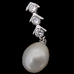 Cultured Pearl Sterling Silver Pendants, 925 Sterling Silver, with Freshwater Pearl, Oval, platinum plated, with cubic zirconia Approx 2mm 