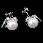 Freshwater Pearl Stud Earring, sterling silver post pin, Teardrop, plated, with cubic zirconia 