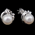 Freshwater Pearl Stud Earring, sterling silver post pin, Flower, plated, with cubic zirconia 