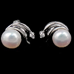 Freshwater Pearl Stud Earring, sterling silver post pin, plated, with cubic zirconia 